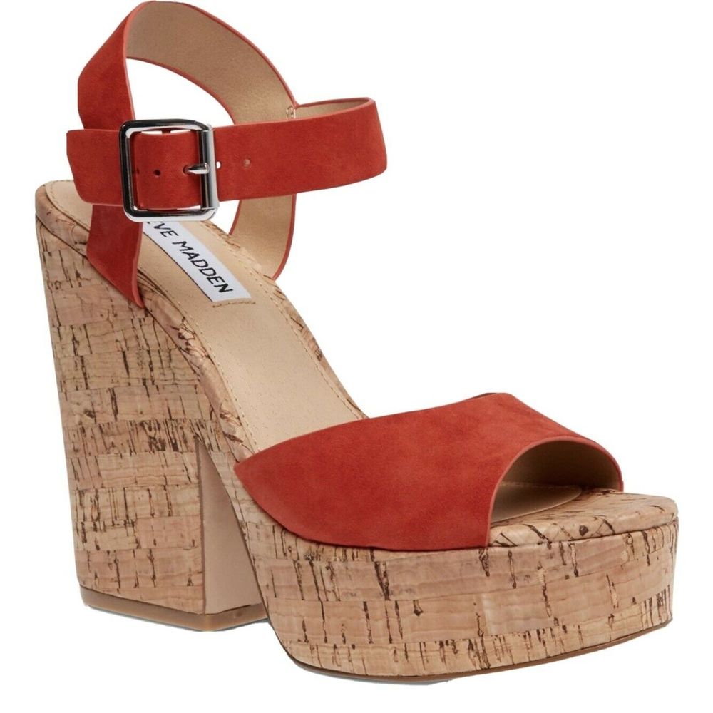 STEVE MADDEN Jess Orange Suede Cork Wedges…